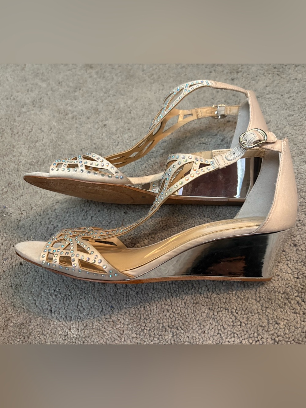 Vince Camuto Nude Crystal T‑Strap Wedge Sandals